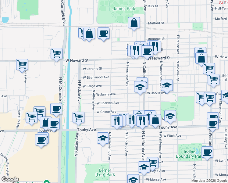 map of restaurants, bars, coffee shops, grocery stores, and more near 2935 West Fargo Avenue in Chicago