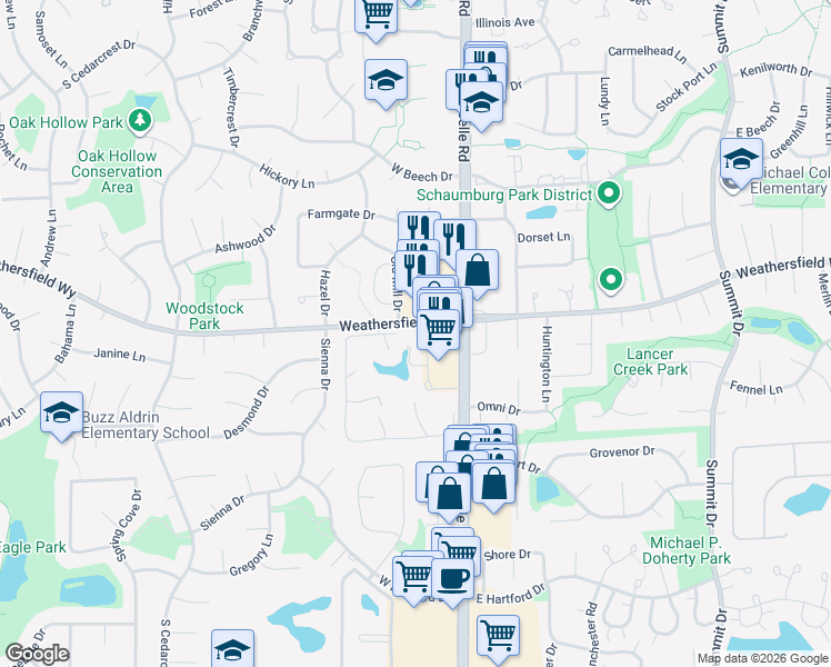 map of restaurants, bars, coffee shops, grocery stores, and more near 520-590 South Roselle Road in Schaumburg