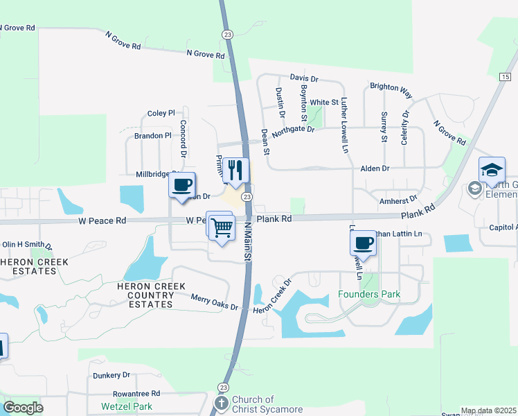 map of restaurants, bars, coffee shops, grocery stores, and more near 0 Plank Road in Sycamore