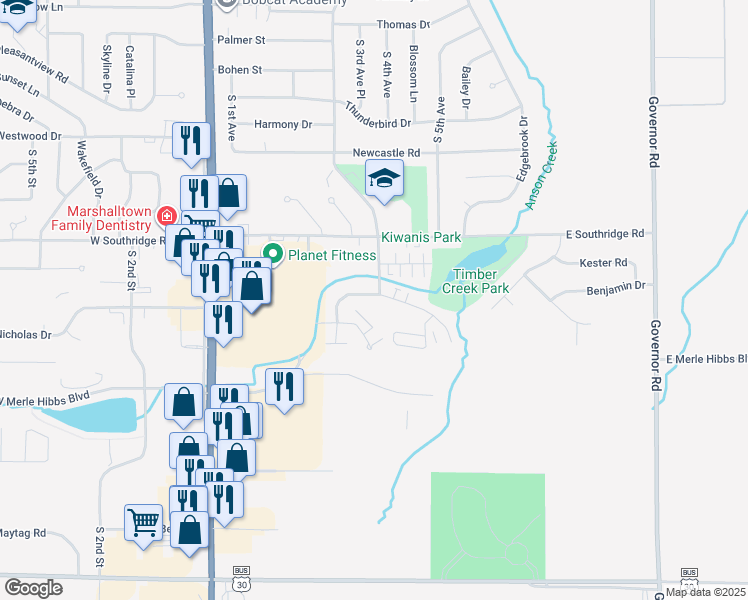 map of restaurants, bars, coffee shops, grocery stores, and more near 214 Plaza Heights Road in Marshalltown