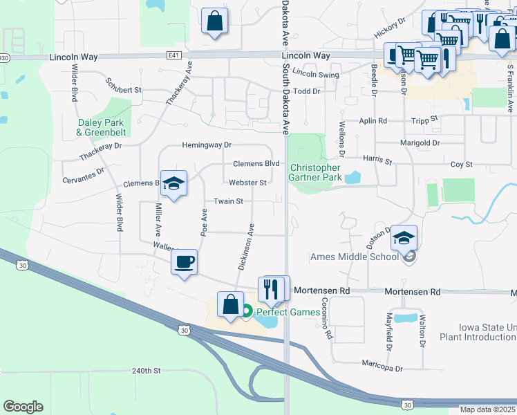 map of restaurants, bars, coffee shops, grocery stores, and more near 711 Dickinson Avenue in Ames