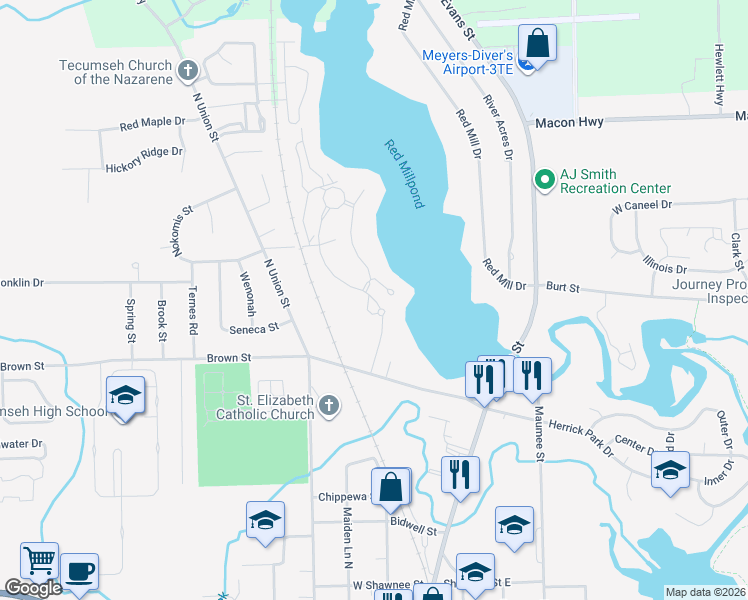 map of restaurants, bars, coffee shops, grocery stores, and more near Red Mill Point in Tecumseh