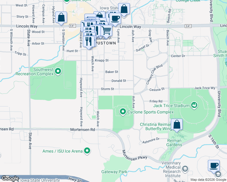 map of restaurants, bars, coffee shops, grocery stores, and more near 611 Lynn Avenue in Ames