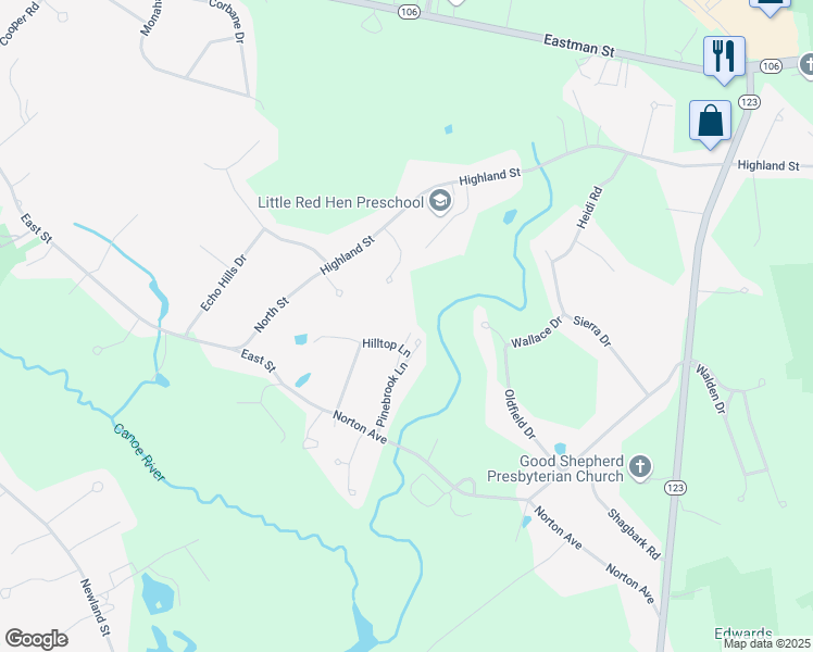 map of restaurants, bars, coffee shops, grocery stores, and more near 46 Pinebrook Lane in Easton