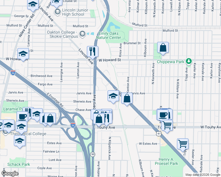 map of restaurants, bars, coffee shops, grocery stores, and more near 7400 Lincoln Avenue in Skokie