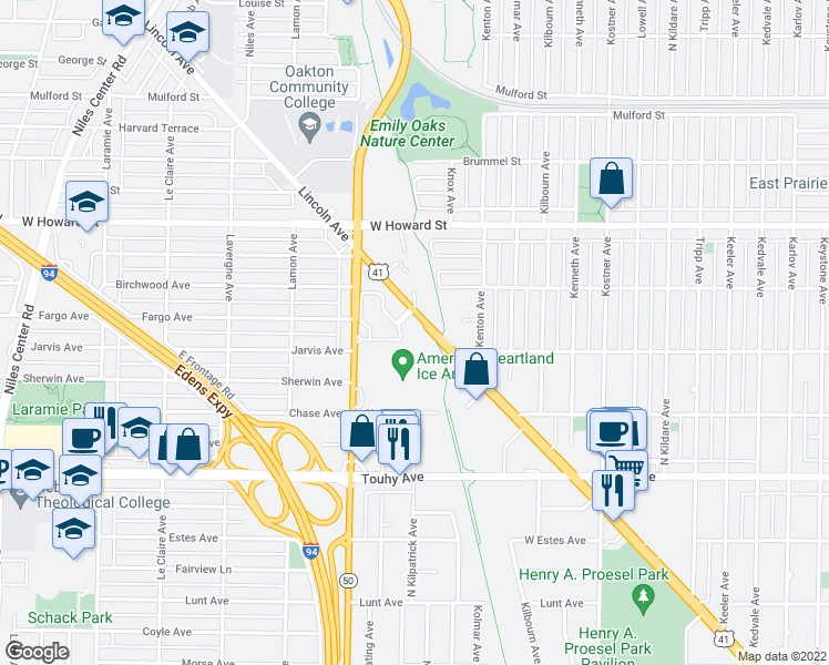 map of restaurants, bars, coffee shops, grocery stores, and more near 7400 Lincoln Avenue in Skokie