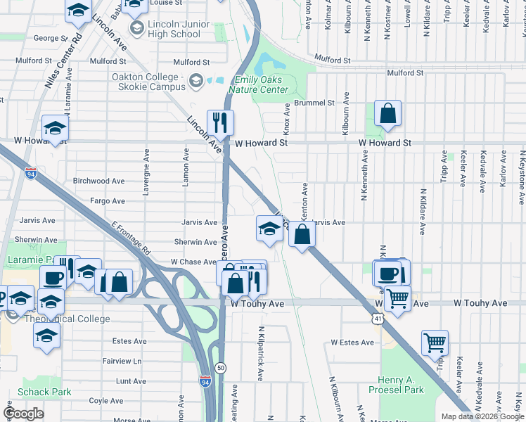 map of restaurants, bars, coffee shops, grocery stores, and more near 7400 Lincoln Avenue in Skokie