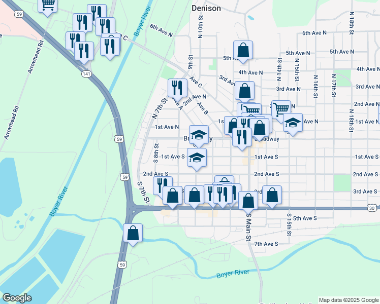 map of restaurants, bars, coffee shops, grocery stores, and more near 2-52 S 9th St in Denison