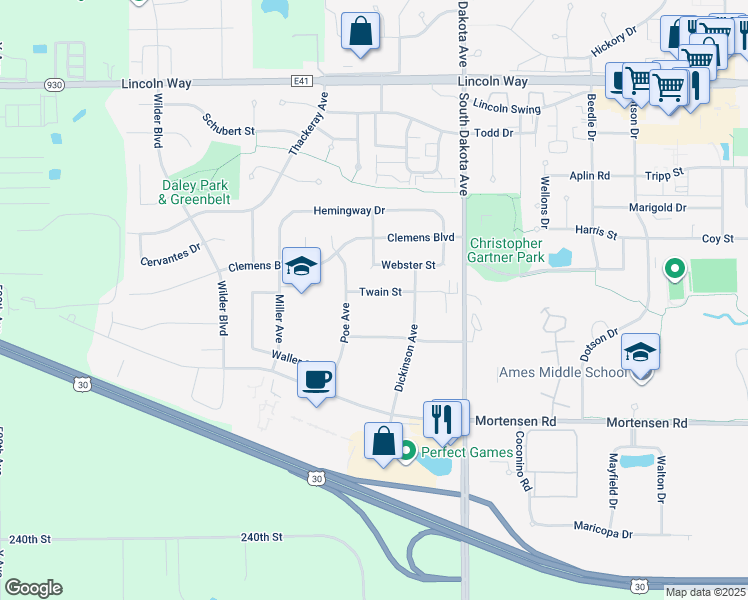 map of restaurants, bars, coffee shops, grocery stores, and more near 4636 Twain Street in Ames