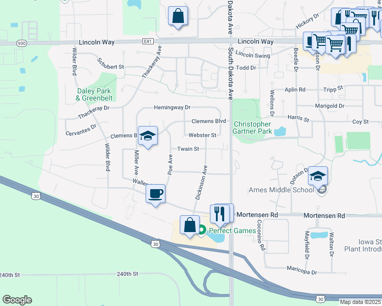map of restaurants, bars, coffee shops, grocery stores, and more near 4624 Twain Street in Ames