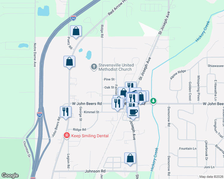 map of restaurants, bars, coffee shops, grocery stores, and more near 2855 Oak Street in Stevensville