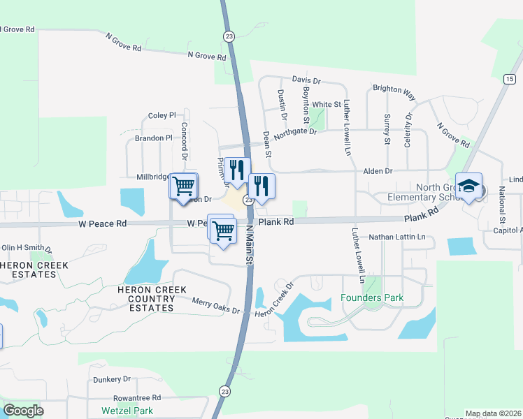 map of restaurants, bars, coffee shops, grocery stores, and more near 0 Plank Road in Sycamore