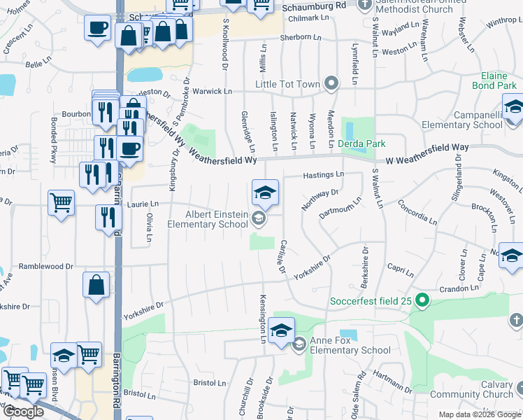 map of restaurants, bars, coffee shops, grocery stores, and more near 8124 Kensington Lane in Hanover Park