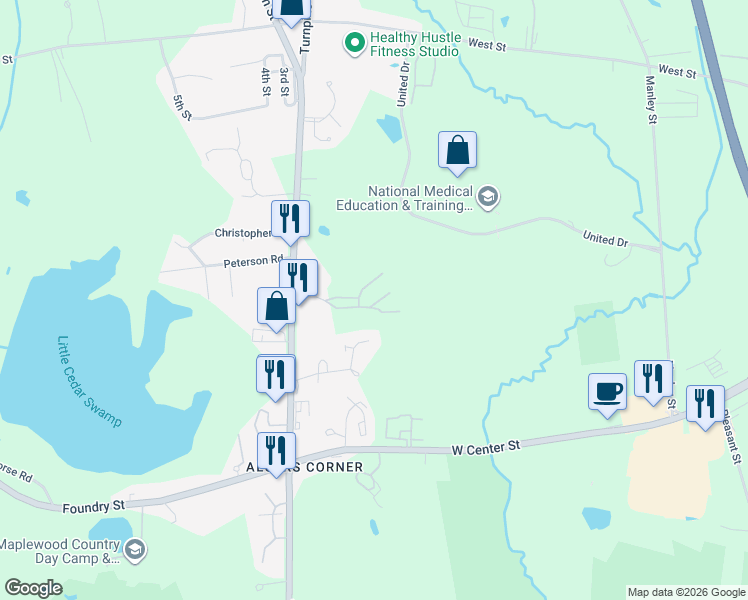 map of restaurants, bars, coffee shops, grocery stores, and more near 22 Indian Cove Way in Easton