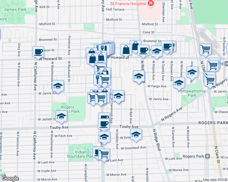 map of restaurants, bars, coffee shops, grocery stores, and more near 7429 North Claremont Avenue in Chicago
