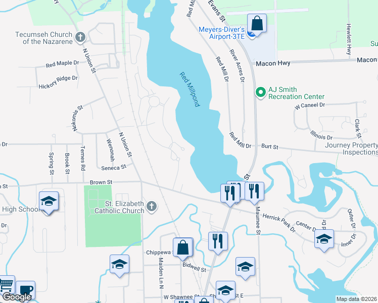 map of restaurants, bars, coffee shops, grocery stores, and more near in Tecumseh