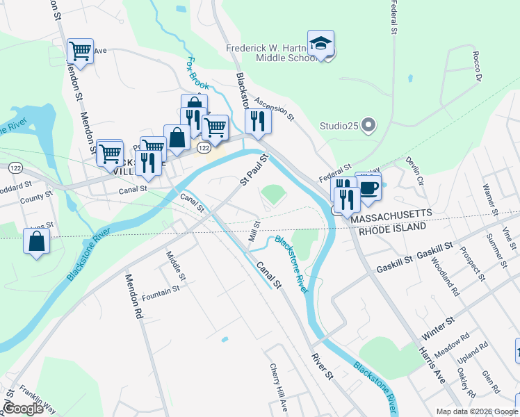 map of restaurants, bars, coffee shops, grocery stores, and more near 12 Mill Street in Blackstone