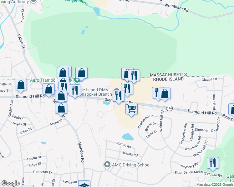map of restaurants, bars, coffee shops, grocery stores, and more near 1749 Diamond Hill Rd in Woonsocket