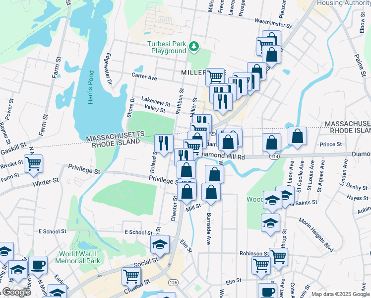 map of restaurants, bars, coffee shops, grocery stores, and more near 77 Adams Street in Woonsocket