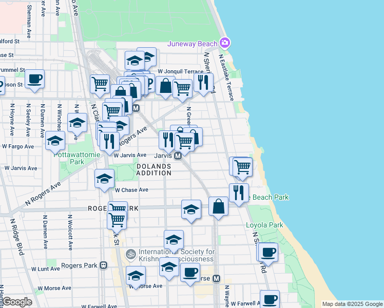 map of restaurants, bars, coffee shops, grocery stores, and more near 1436 West Jarvis Avenue in Chicago