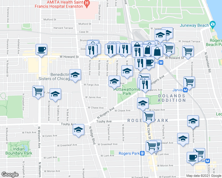 map of restaurants, bars, coffee shops, grocery stores, and more near 7384 North Winchester Avenue in Chicago