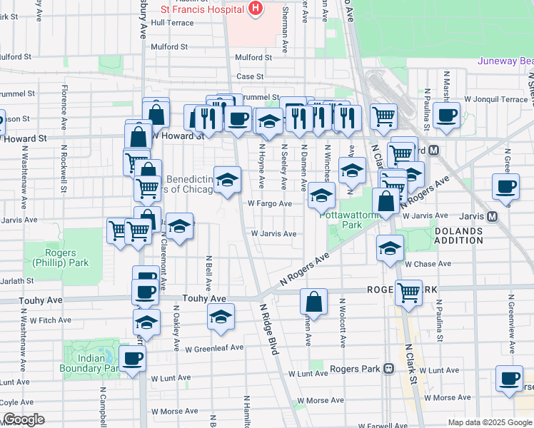 map of restaurants, bars, coffee shops, grocery stores, and more near 2055 West Fargo Avenue in Chicago