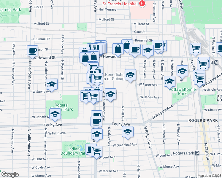map of restaurants, bars, coffee shops, grocery stores, and more near 7429 North Claremont Avenue in Chicago