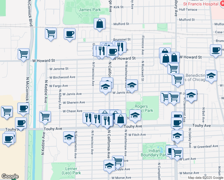map of restaurants, bars, coffee shops, grocery stores, and more near 2737 West Fargo Avenue in Chicago