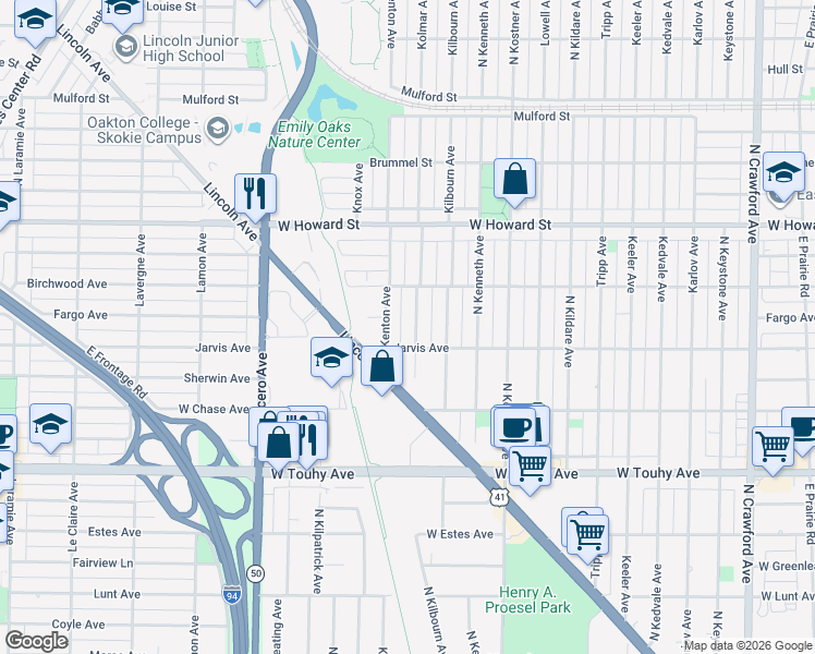 map of restaurants, bars, coffee shops, grocery stores, and more near 7439 Kenton Avenue in Skokie