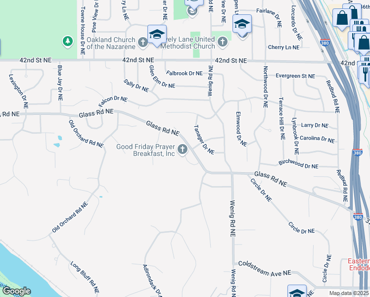 map of restaurants, bars, coffee shops, grocery stores, and more near 2560 Glass Road Northeast in Cedar Rapids