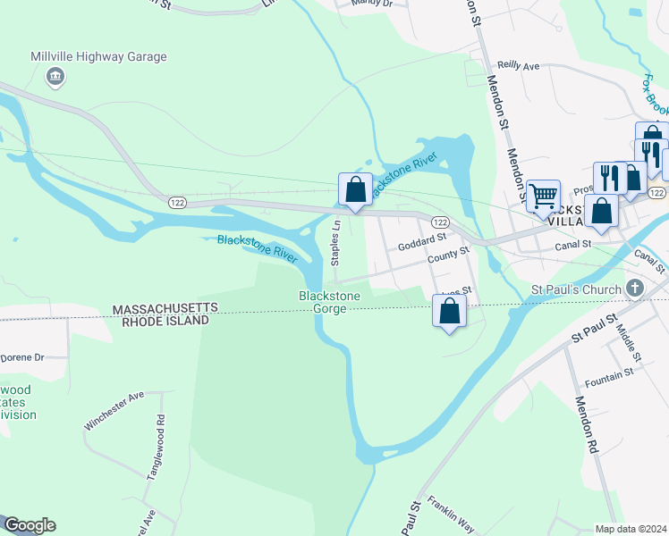 map of restaurants, bars, coffee shops, grocery stores, and more near 33 Staples Lane in Blackstone