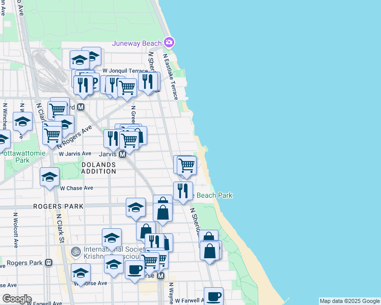 map of restaurants, bars, coffee shops, grocery stores, and more near 1227 West Jarvis Avenue in Chicago