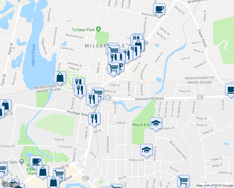 map of restaurants, bars, coffee shops, grocery stores, and more near 25 Bellingham Street in Woonsocket
