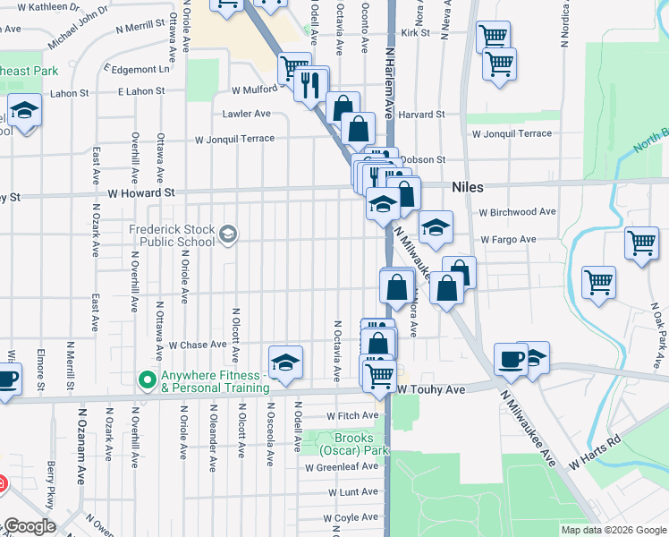 map of restaurants, bars, coffee shops, grocery stores, and more near 7439 North Octavia Avenue in Chicago