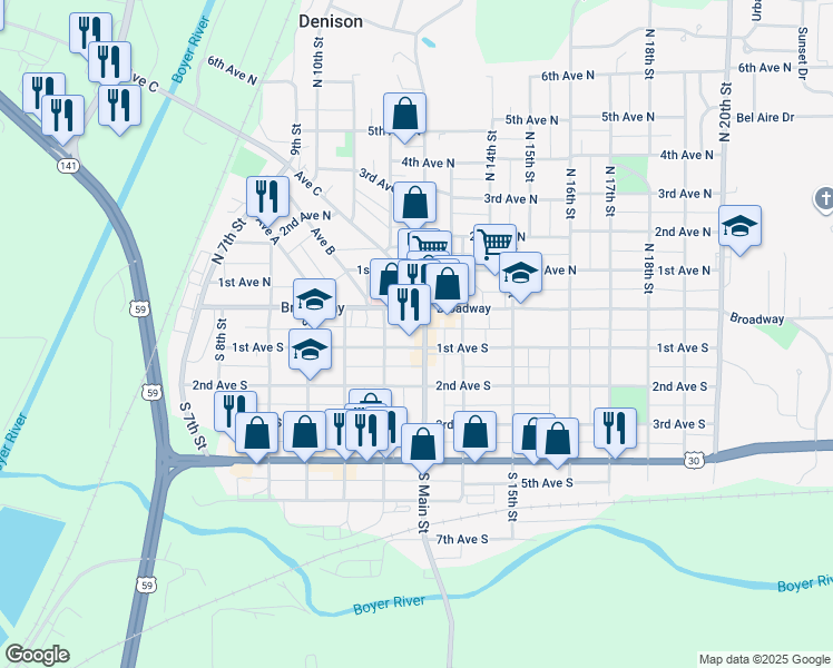map of restaurants, bars, coffee shops, grocery stores, and more near 18 S Main St in Denison