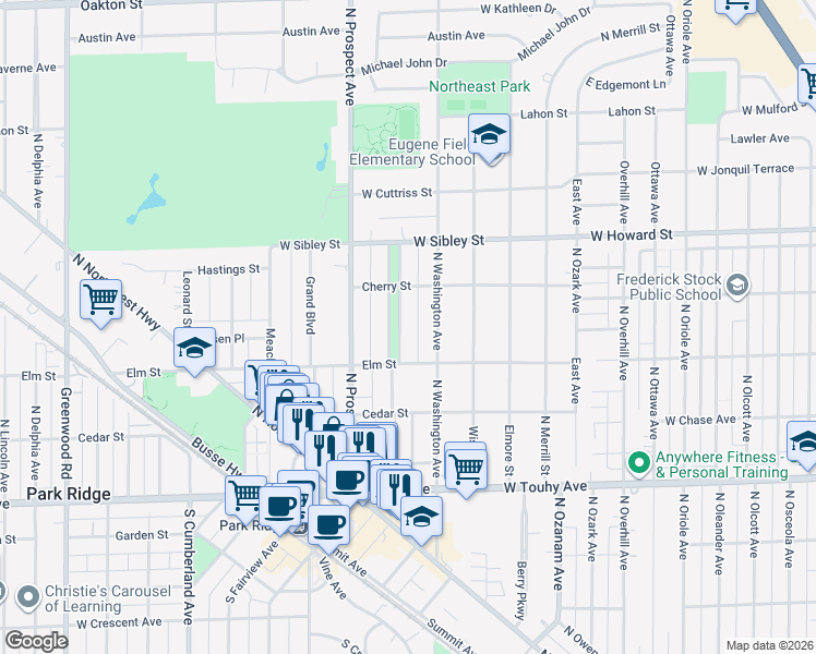 map of restaurants, bars, coffee shops, grocery stores, and more near 405 North Ashland Avenue in Park Ridge