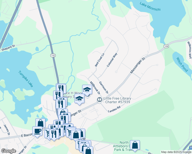 map of restaurants, bars, coffee shops, grocery stores, and more near 19 Garrison Drive in Plainville