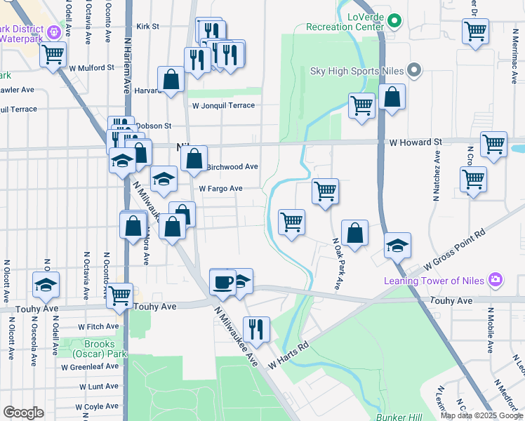 map of restaurants, bars, coffee shops, grocery stores, and more near 6847 West Jarvis Avenue in Niles
