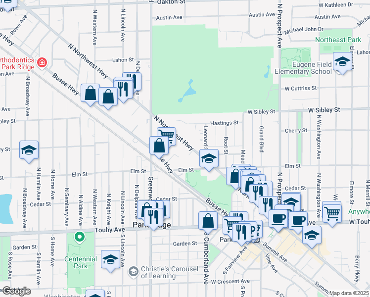 map of restaurants, bars, coffee shops, grocery stores, and more near 444 North Northwest Highway in Park Ridge