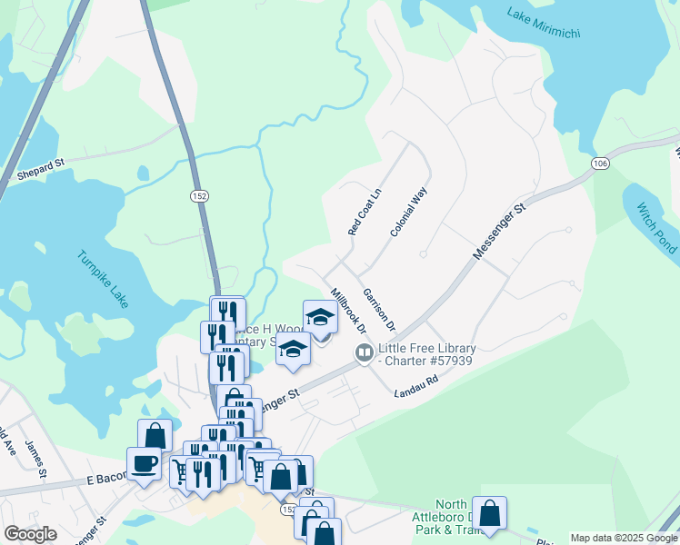 map of restaurants, bars, coffee shops, grocery stores, and more near 19 Garrison Drive in Plainville