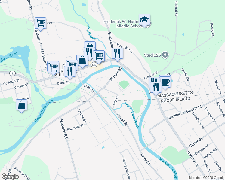 map of restaurants, bars, coffee shops, grocery stores, and more near 12 Mill Street in Blackstone