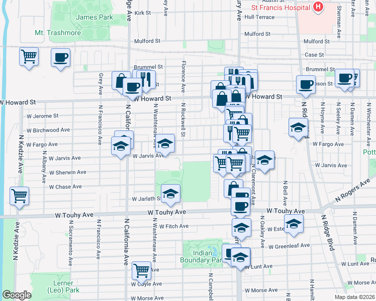 map of restaurants, bars, coffee shops, grocery stores, and more near 2549 West Fargo Avenue in Chicago