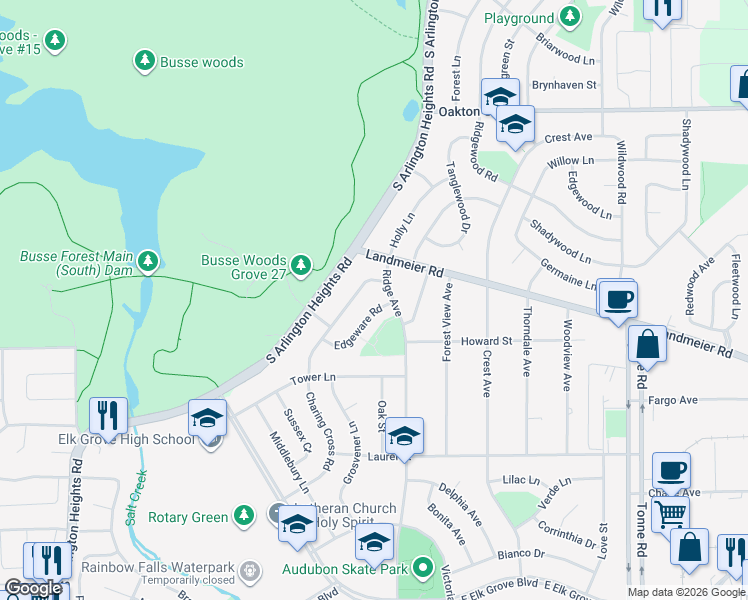 map of restaurants, bars, coffee shops, grocery stores, and more near 309 Charing Cross Road in Elk Grove Village