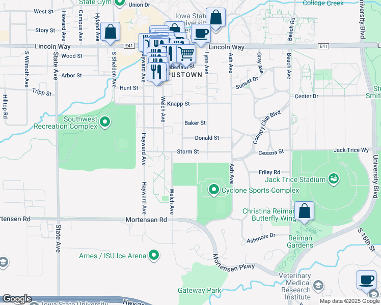 map of restaurants, bars, coffee shops, grocery stores, and more near 2329 Storm Street in Ames