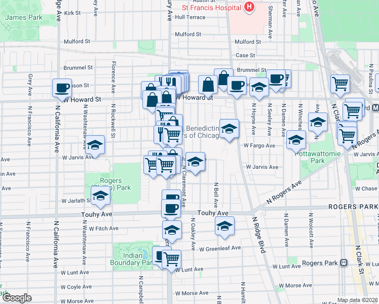 map of restaurants, bars, coffee shops, grocery stores, and more near 7429 North Claremont Avenue in Chicago