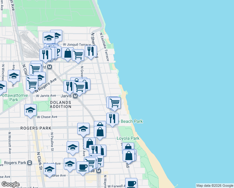 map of restaurants, bars, coffee shops, grocery stores, and more near 1227 West Jarvis Avenue in Chicago