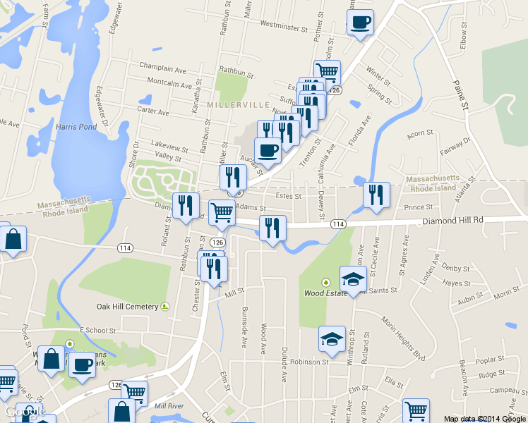 map of restaurants, bars, coffee shops, grocery stores, and more near 250 Adams Street in Woonsocket