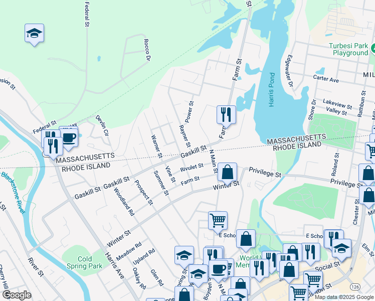 map of restaurants, bars, coffee shops, grocery stores, and more near 12 May Street in Blackstone
