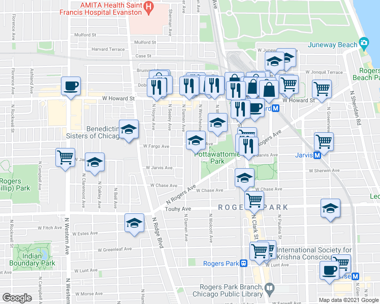 map of restaurants, bars, coffee shops, grocery stores, and more near 7384 North Winchester Avenue in Chicago
