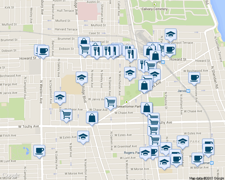 map of restaurants, bars, coffee shops, grocery stores, and more near 7384 North Winchester Avenue in Chicago